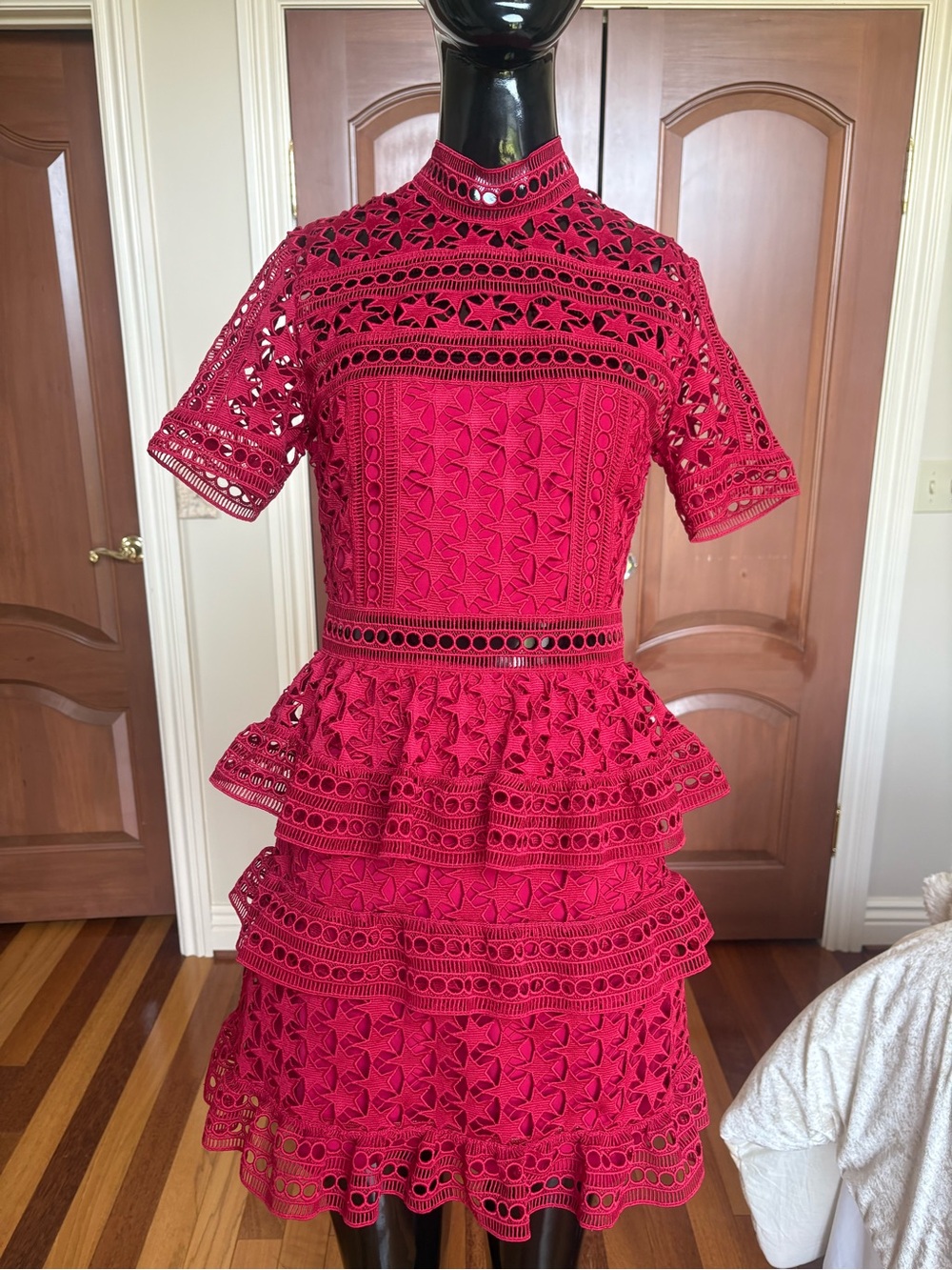 Self-Portrait Red Guipure Lace Tiered Ruffle Mini Dress